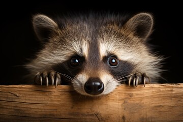 a raccoon with its paws on a piece of wood