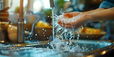 Person handwashing dirty dishes in kitchen sink for household cleanliness and hygiene. Concept Household Chores, Cleanliness, Kitchen Hygiene, Dirty Dishes, Washing Hands - obrazy, fototapety, plakaty