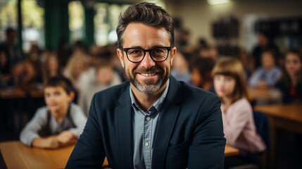 Portrait Of Male Elementary School Teacher Standing In Classroom - Powered by Adobe