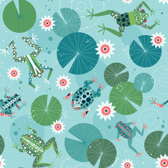 Swimming Frogs Pattern with Toads on Lily Pond