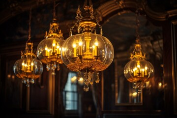 a group of chandeliers from a ceiling - obrazy, fototapety, plakaty