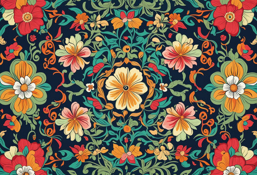 abstract colorful floral pattern background, golden flowers in vintage style