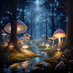 Fantasy landscape with mushrooms in the forest. 3d illustration.