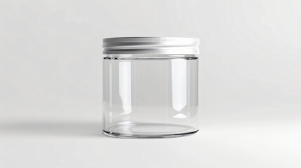 Transparent clear empty glass jar on a isolated light grey background, space for text. 