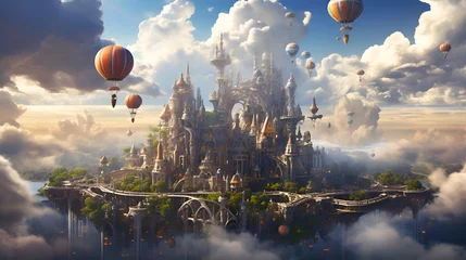 Poster Fantasy landscape with castle and hot air balloons. 3D rendering © Wazir Design