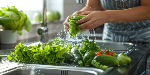 Foto op Plexiglas Female washing green veggies under tap water in kitchen sink at home. Concept Kitchen Preparation, Healthy Cooking, Fresh Ingredients, Home Cooking, Sustainable Living © Anastasiia