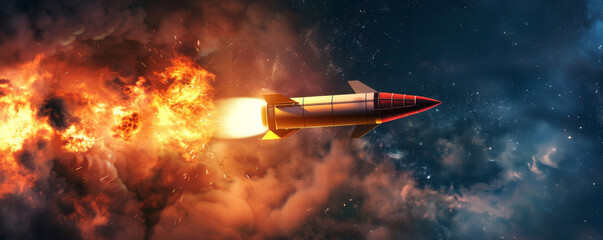 Dramatic stock photo of a rocket launch fiery engines propelling it into the night sky
