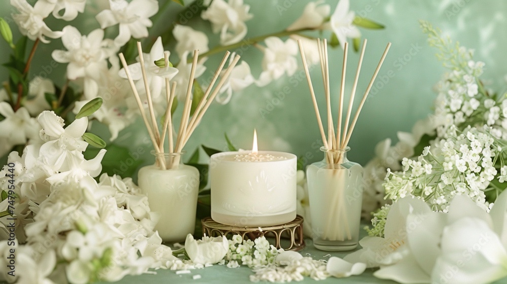 Poster enchanting clusters of jasmine and gardenias arranged in a delicate baroque pattern, emanating a swe