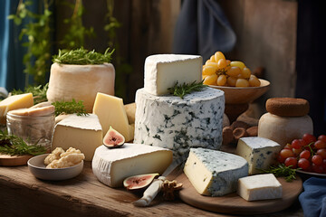 The Aesthetic Symphony of Aged Cheeses Displayed in a Rustic Environment