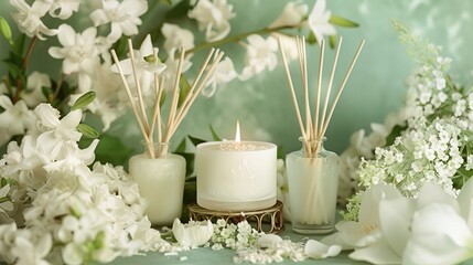 Enchanting clusters of jasmine and gardenias arranged in a delicate Baroque pattern, emanating a...