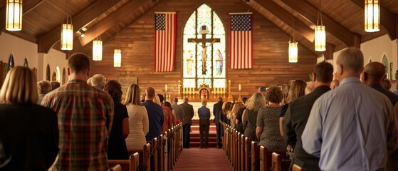 Parishioners stand respectfully in a church adorned with an American flag, engaged in a service that blends faith with patriotism under the watchful gaze of stained glass saints.