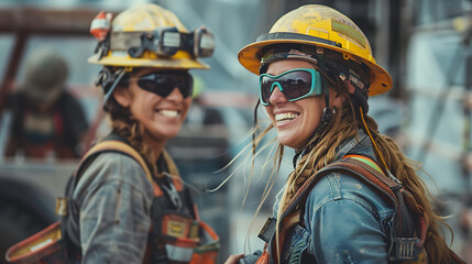 Portrait of two female firemen in hardhats and helmets - obrazy, fototapety, plakaty