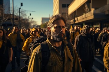 Group of multiracial peace activists walking on the street holding posters and banners - Diverse crowd of antiwar people protesting against war