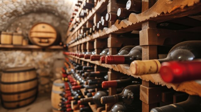 An old wine cellar illuminated by warm light, showcasing rows of vintage wine bottles and wooden barrels, invoking a sense of tradition and quality.