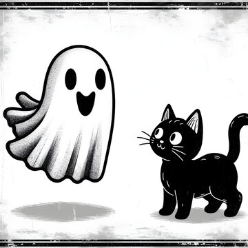 A friendly ghost and a curious black cat in a vintage-style illustration