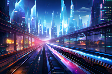 Fototapeta premium Abstract light trails on the modern city street at night. 3d rendering