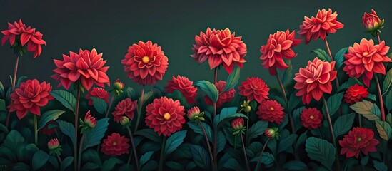 A painting depicting a border of striking red dahlias nestled among vibrant green leaves. The red...