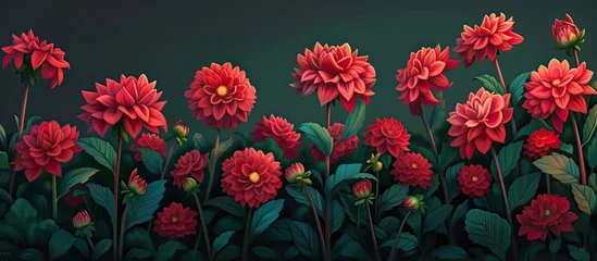 Fototapeten A painting depicting a border of striking red dahlias nestled among vibrant green leaves. The red flowers stand out against the lush green foliage, creating a visually captivating contrast. © 2rogan