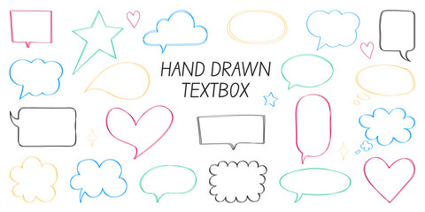 A set of hand drawn colored frames on a white background.. Doodle textboxes and speech bubbles. Vector illustration with simple shapes, elements, drawn with a brush, pencil, stroke. 