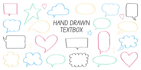 A set of hand drawn colored frames on a white background. Doodle textboxes and speech bubbles. Vector illustration with simple shapes, elements, drawn with a brush, pencil, stroke. 