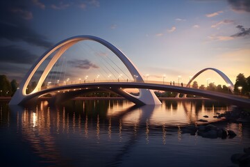 A contemporary bridge design, spanning a wide river with sleek lines and innovative engineering.

