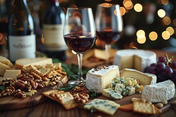 Fototapeta premium Artisan Cheese and Wine Tasting Selection. Generative AI