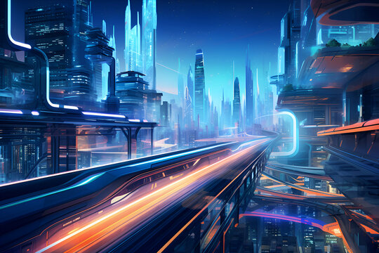Futuristic city at night with high rise buildings and high rise buildings