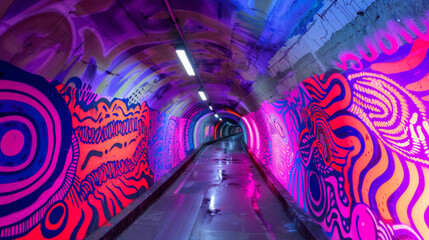 Underground tunnel transformed by graffiti artists a continuous canvas of abstract patterns