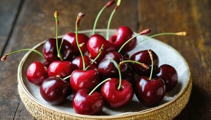 Vector Art of Fresh, Beautiful Cherries on a Wooden Table