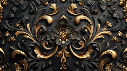 abstract flower damask black gold seamless pattern - obrazy, fototapety, plakaty