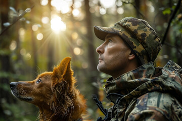 A hunter and his dog at dawn search for game in a cold European forest