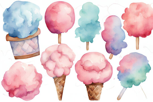 Cotton candy, watercolor clipart illustration