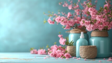 Obraz na płótnie Canvas fruit branches with pink flowers blue background
