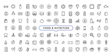 Food & Nutrition line icons related to wellness, wellbeing, mental health, healthcare, cosmetics, spa, medical. Outline icon collection. - obrazy, fototapety, plakaty