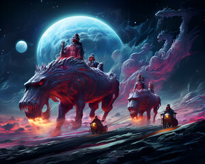 Fantasy scene with dragon and people on the background of the moon - obrazy, fototapety, plakaty