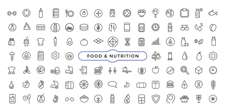 Food & Nutrition line icons related to wellness, wellbeing, mental health, healthcare, cosmetics, spa, medical. Outline icon collection.