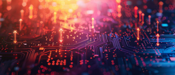 a computer circuit board with some arrows pointing forward and up