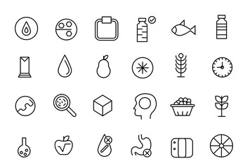 Food & Nutrition line icons related to wellness, wellbeing, mental health, healthcare, cosmetics, spa, medical. Outline icon collection.