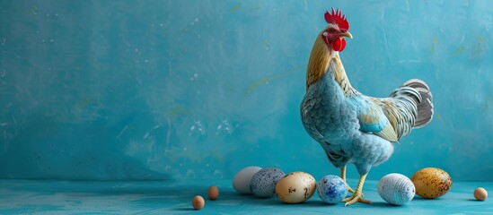 This painting depicts a rooster standing next to blue chicken and quail eggs. The background is blue, creating a festive Easter theme.