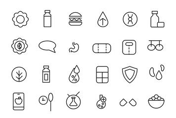 Food & Nutrition line icons related to wellness, wellbeing, mental health, healthcare, cosmetics, spa, medical. Outline icon collection.