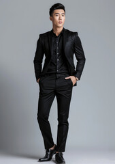 Obraz na płótnie Canvas Young Asian Male Businessman wearing Black Suit and Black Shirt 