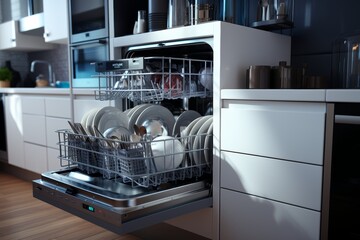 Dishwasher inside beautiful kitchen with white used dishes that prepared to wash. Electronic dish washer device in modern kitchen - obrazy, fototapety, plakaty