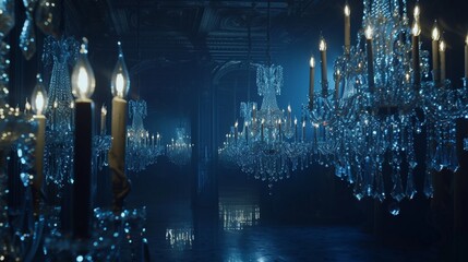 Grandiose chandeliers dripping with crystal prisms, casting dazzling reflections against a backdrop of midnight blue velvet. - obrazy, fototapety, plakaty