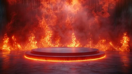 empty podium with flames background