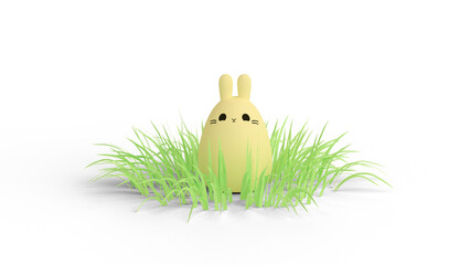 Cute easter bunny sitting in the grass, isolated with copy space, happy easter banner with adorable rabbit. 3D rendering illustration