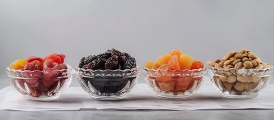 A row of glass bowls filled with various types of fruit, including dried apricots, cranberries, raisins, and figs, set on a white paper background.