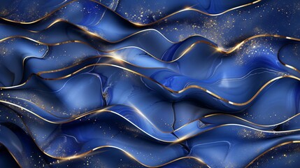 Immerse yourself in opulence with a luxurious 3D cobalt blue marbled abstract background adorned with golden inlay veins and lines, creating a mesmerizing display of elegance and sophistication.  - obrazy, fototapety, plakaty