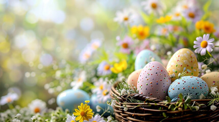 Easter eggs in basket on bokeh background with spring flowers