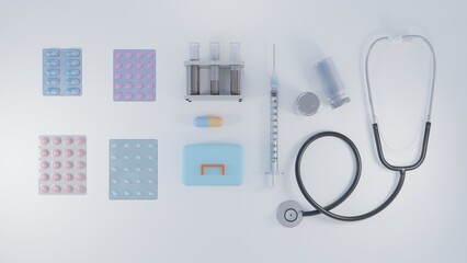 Various meds. Pills, capsules blisters, glass bottles with liquid medicine glass tubes with blood. Drug medication supplements collection. Realistic 3d render style object illustration. Blue floor