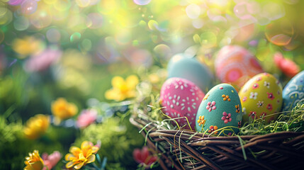 Easter eggs in basket on green grass and flowers background. Happy Easter!